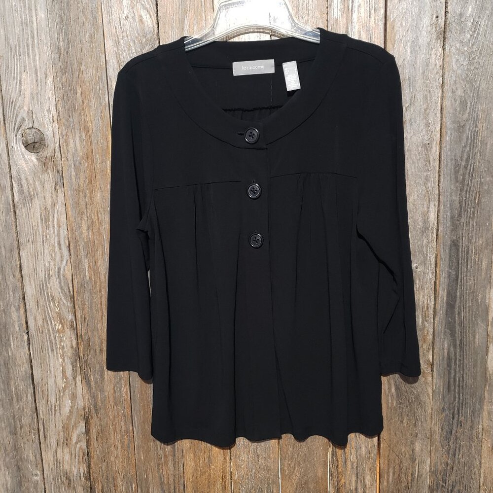 Liz Claiborne L Women's Blazer Jacket Black 3โ Button 3/4 Sleeve Stretch Career